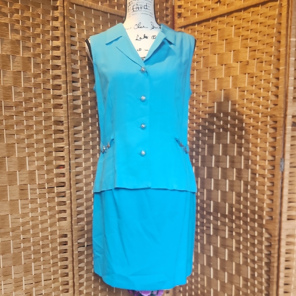 STRINGBEAN VINTAGE Teal BLUE Turquoise Sleeveless Button-Up Top and Skirt Sz 11